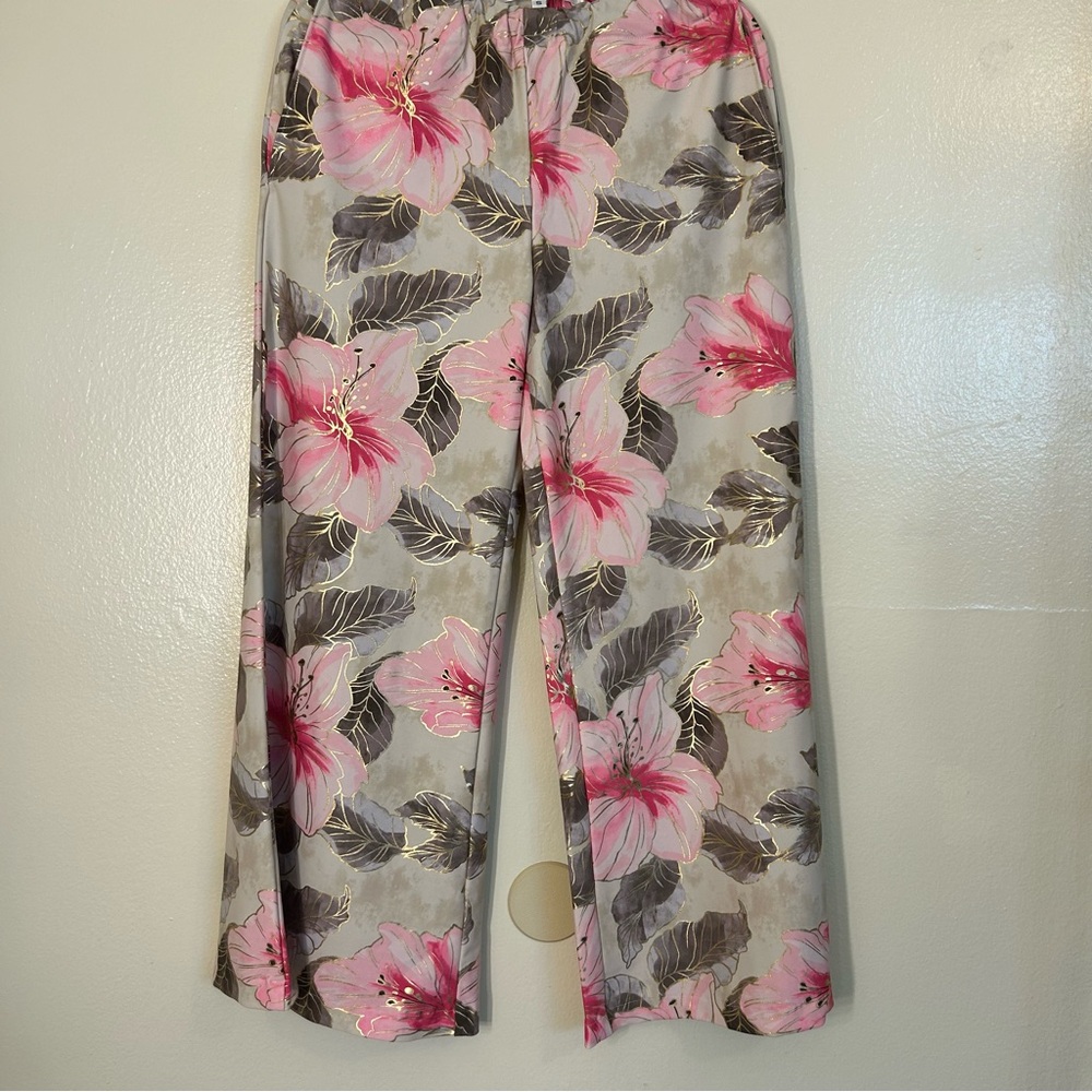 Jennafer Grace Pink, Olive Green and Gold Floral Print Palazzo Pants